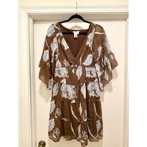 Floral Tiered Blue Brown Silk Overlay Dress  Boho Gypsy Flutter Sleeve Mini